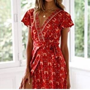 Red Floral Wrap Dress with Short Sleeves